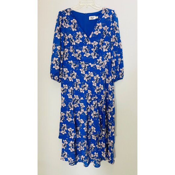 Eliza J Blue & White Floral Print Dress V-Neck 3/4 Sleeve Fit & Flare Size 12 - Picture 3 of 7